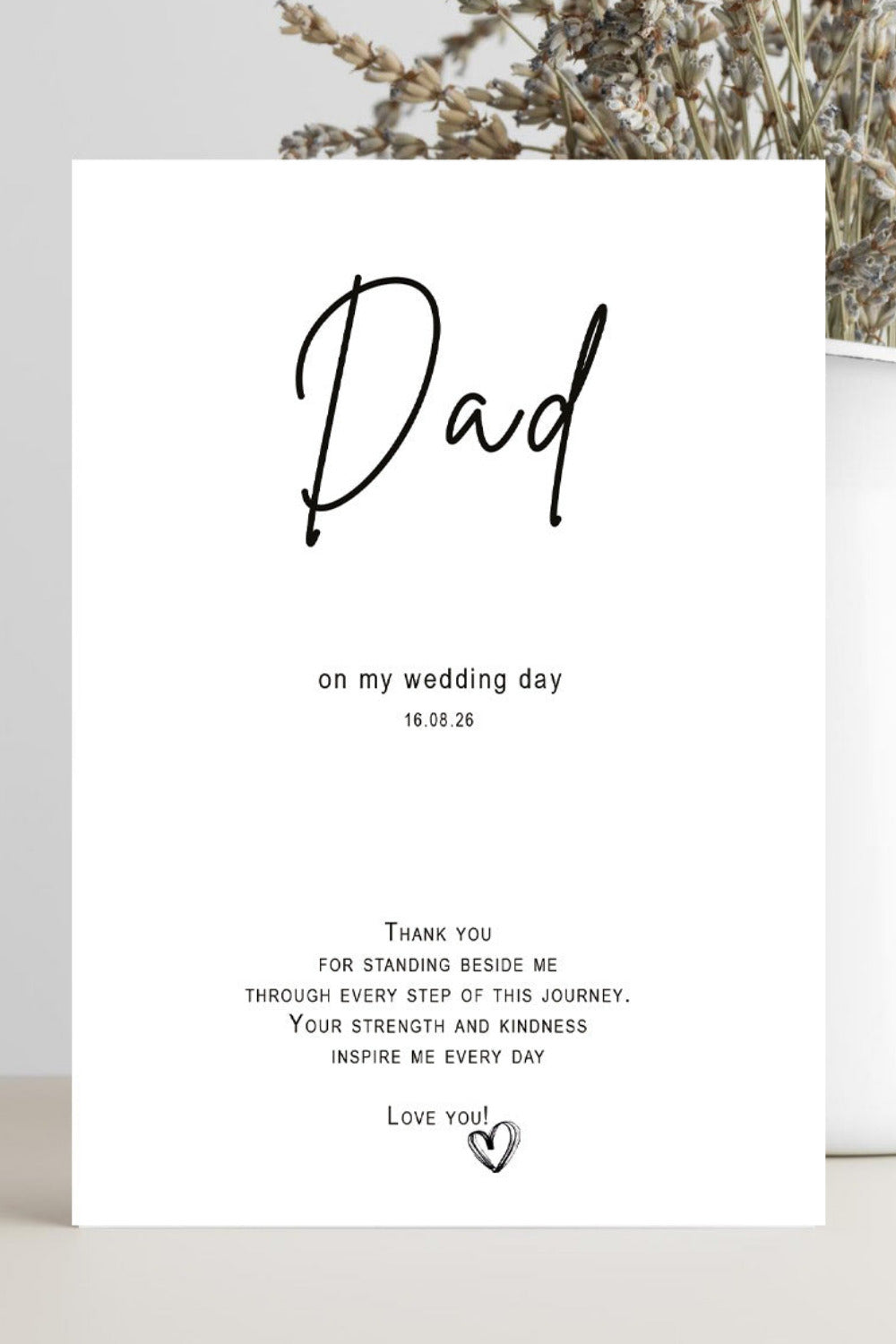 Minimalist wedding thank you card for dad with heartfelt inspiring message