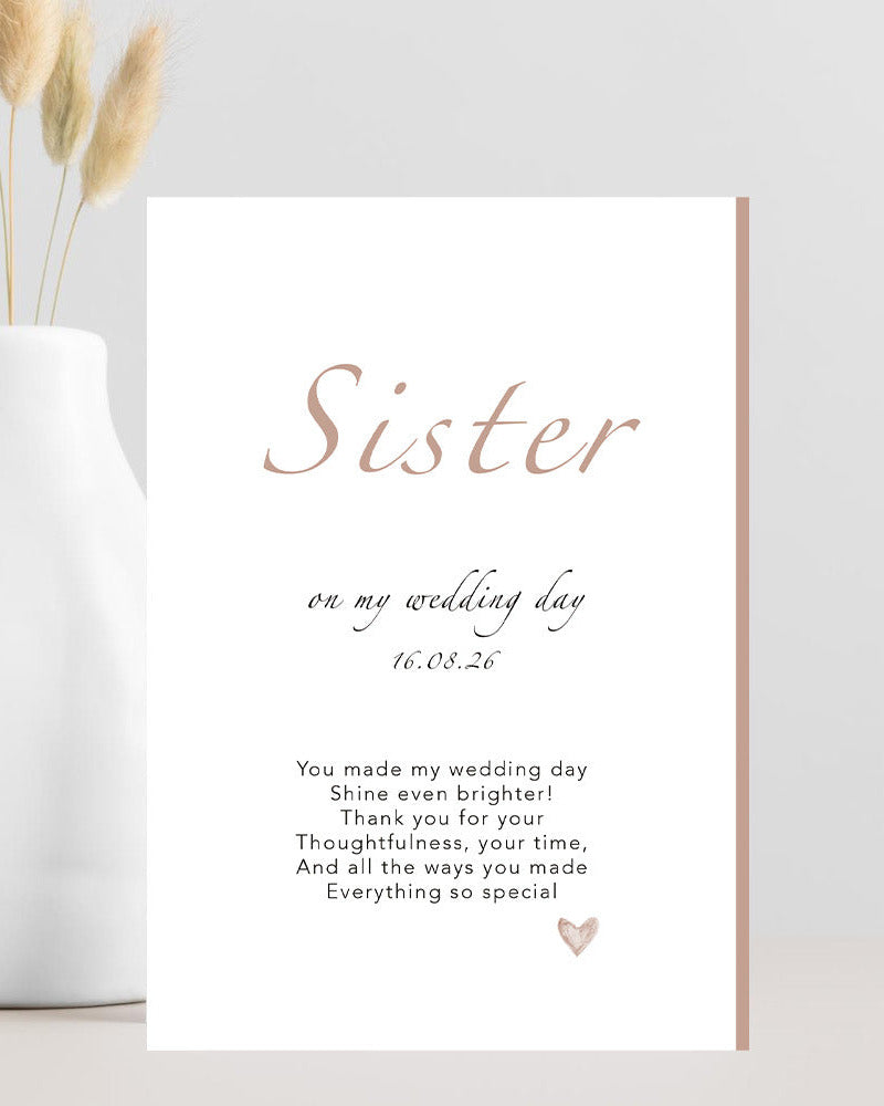 Wedding card titled “Sister, You’ve Made the Day Shine Even Brighter” with elegant minimalist design and soft neutral tones — perfect sister thank-you card for wedding day.