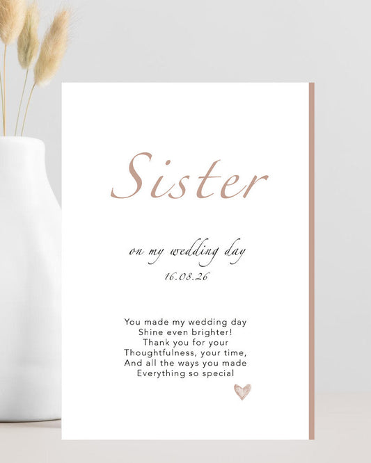 Wedding card titled “Sister, You’ve Made the Day Shine Even Brighter” with elegant minimalist design and soft neutral tones — perfect sister thank-you card for wedding day.