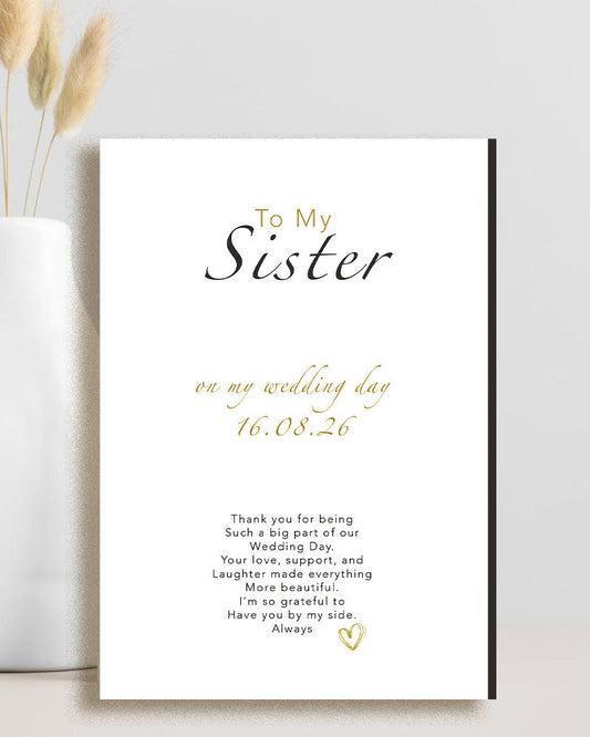 Wedding card titled “Sister, Thank You for Being Such a Big Part of Our Wedding Day” with elegant minimalist design and soft neutral tones — perfect sister thank-you card for wedding day.