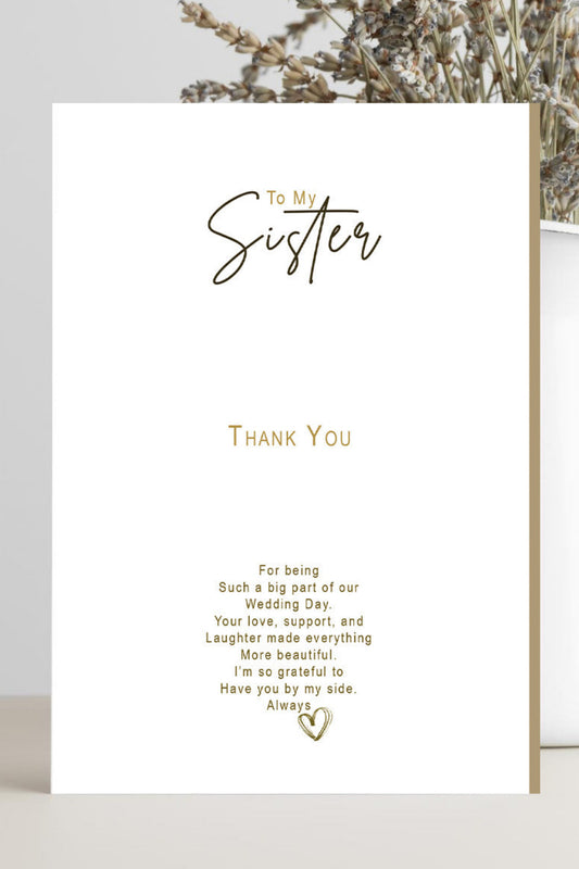 Wedding card titled “Sister, Thank You for Being Such a Big Part of Our Wedding Day” with elegant minimalist design 