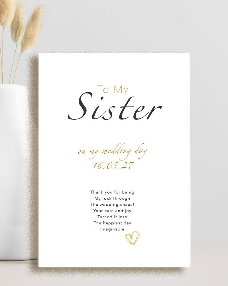 Wedding card titled “Sister, Thank You for Being My Rock” with elegant minimalist design and black right-hand  trim — perfect sister card for wedding day.