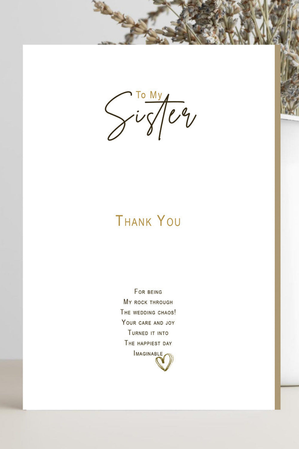 Wedding card titled “Sister, Thank You for Being My Rock” with elegant minimalist design 