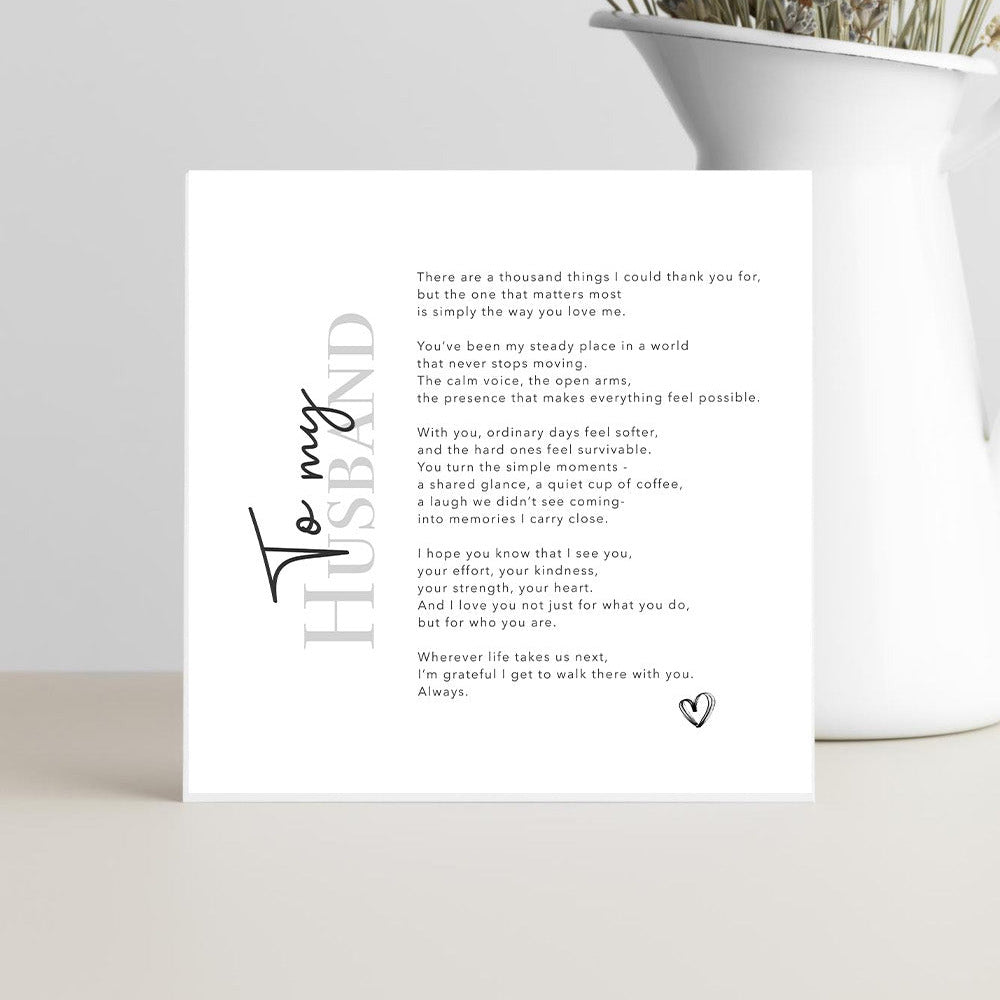 A romantic and sentimental greeting card expressing gratitude, love, and appreciation for a partner or spouse.