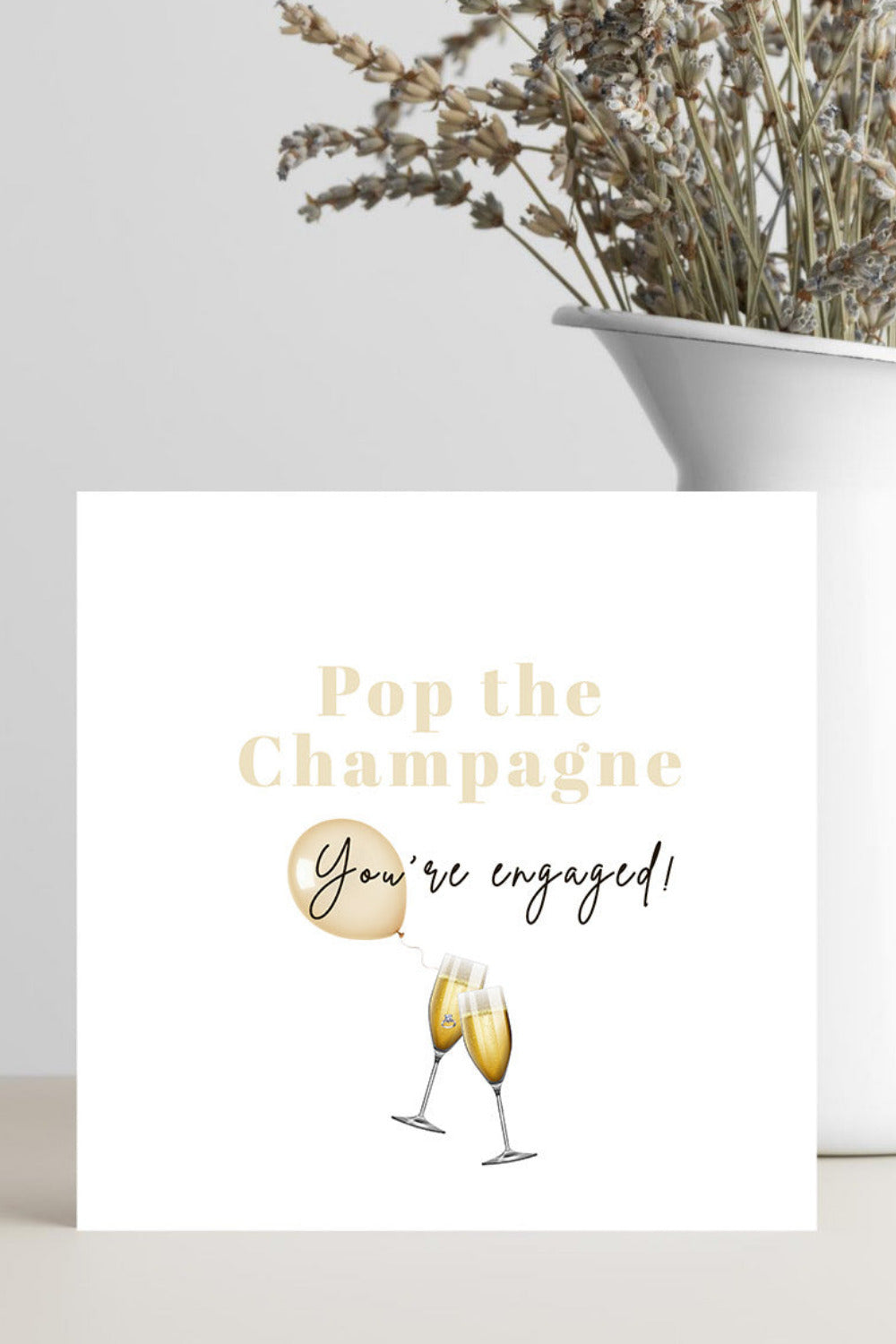 Champagne congratulations engagement card with glasses and ring illustration