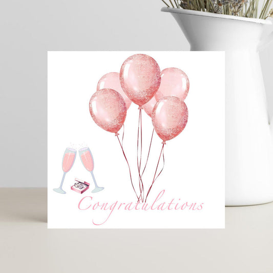 engagement card pink balloons champagne flutes congratulations card for couple
