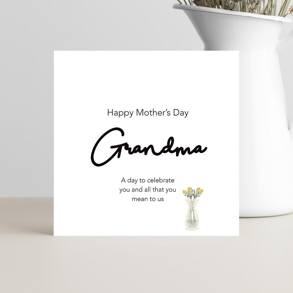 Mother’s Day greeting card for grandma with the message “Grandma, a day to celebrate you” in a warm, elegant design