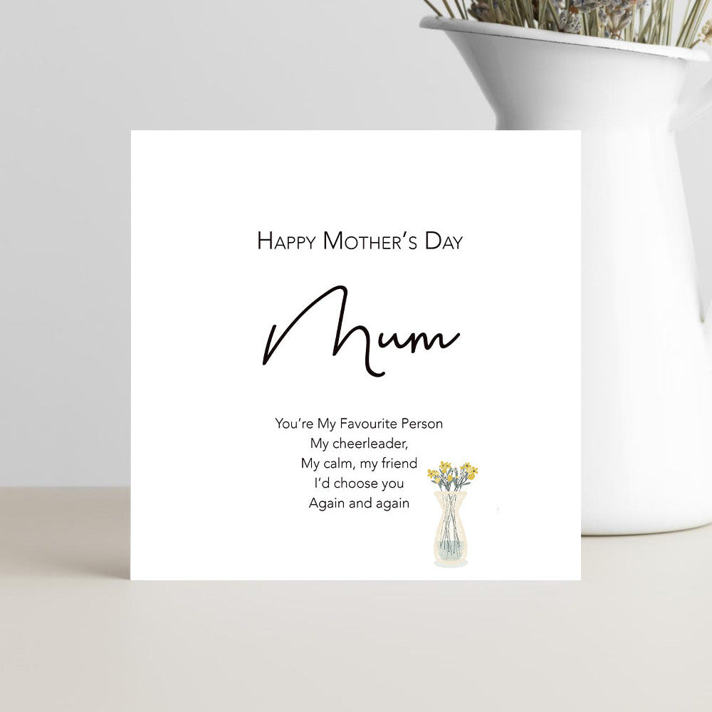 Mother’s Day greeting card with the message “Mum, favourite person” in a warm, loving design