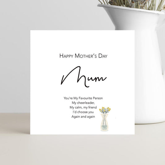 Mother’s Day greeting card with the message “Mum, favourite person” in a warm, loving design