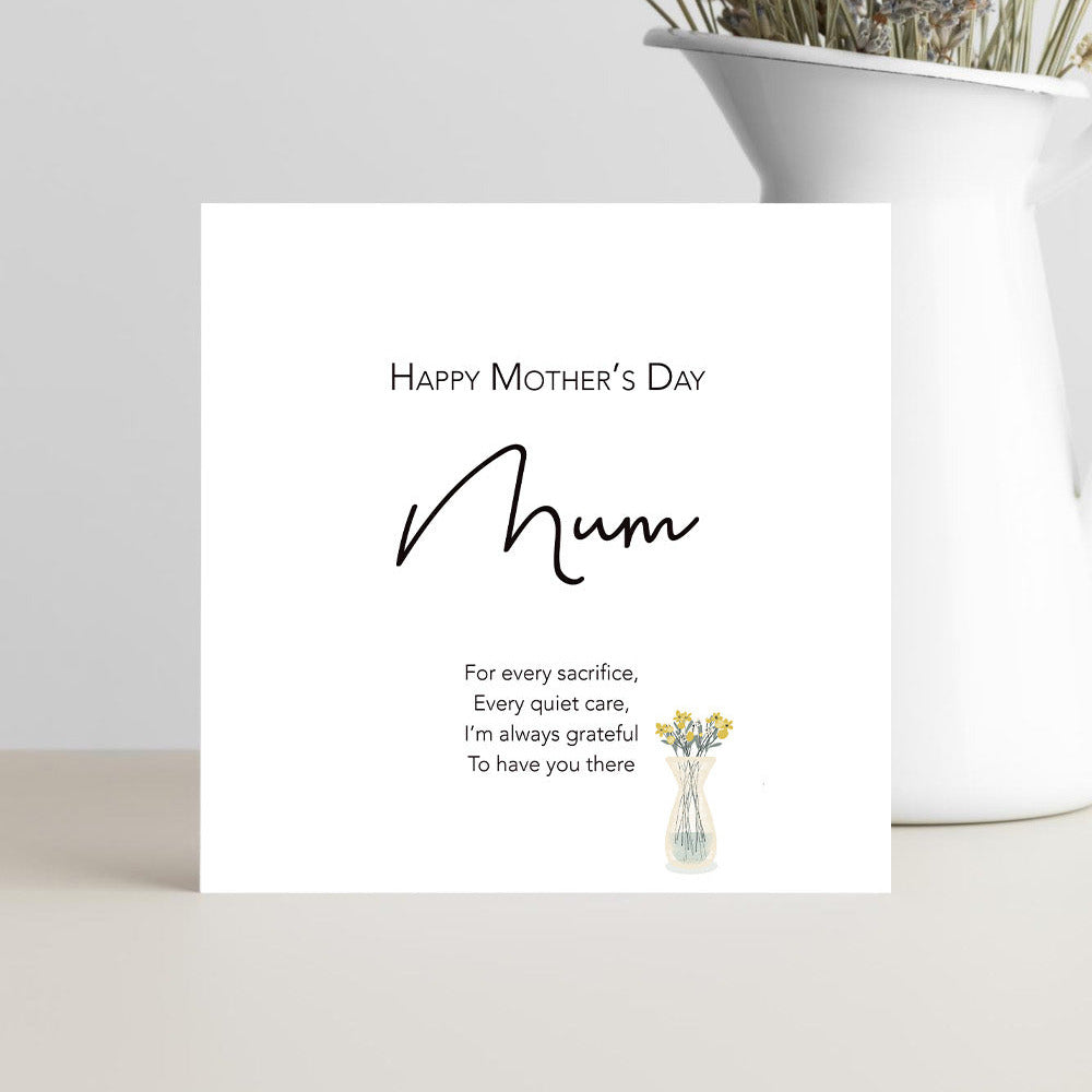 Greeting card with the message “Mum, for every sacrifice” in a soft, heartfelt design