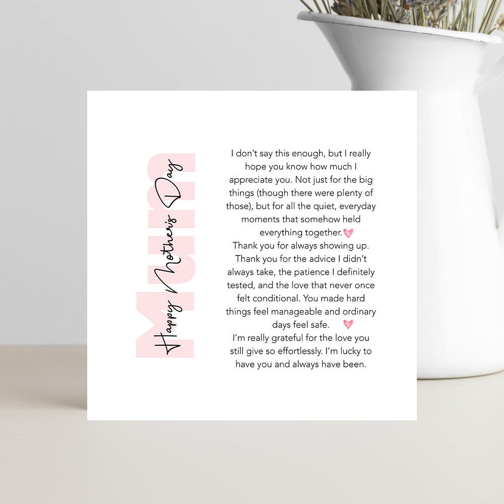 Greeting card with the message “Mum, I don’t say this enough” in a heartfelt, modern design