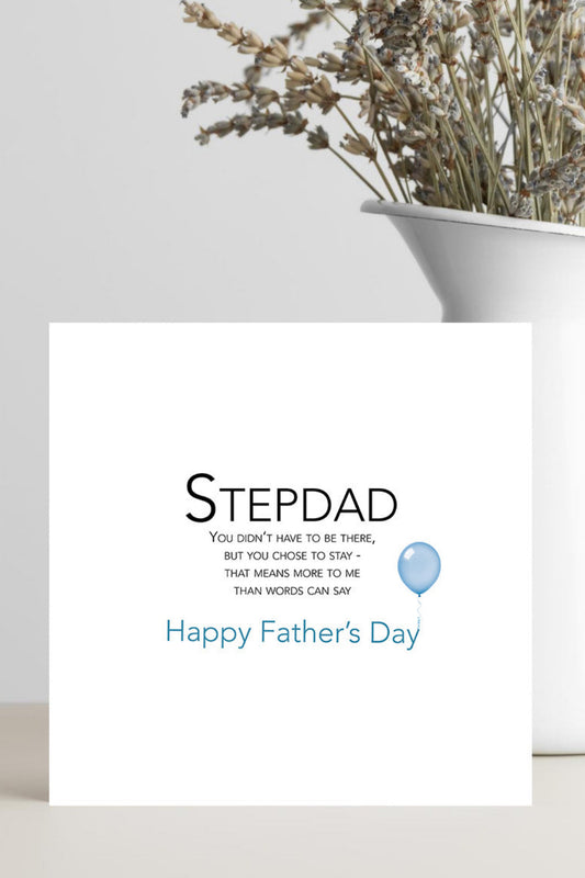 Father's Day card for stepdads with a vase of dried flowers on a light gray background