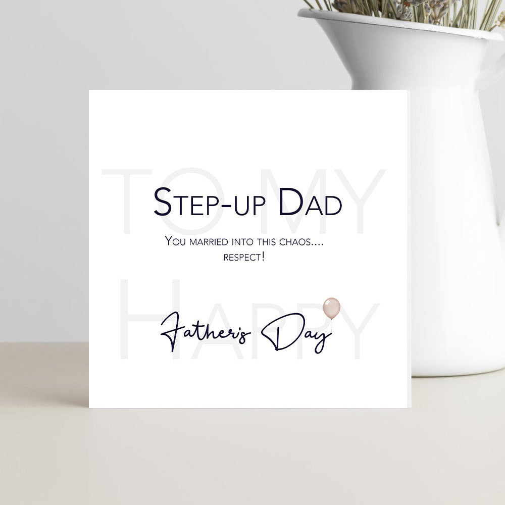 Funny Father’s Day card for stepdad with chaotic family humour and respect message