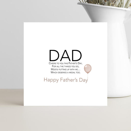 Funny Father’s Day card for dad saying cheers to you for putting up with me