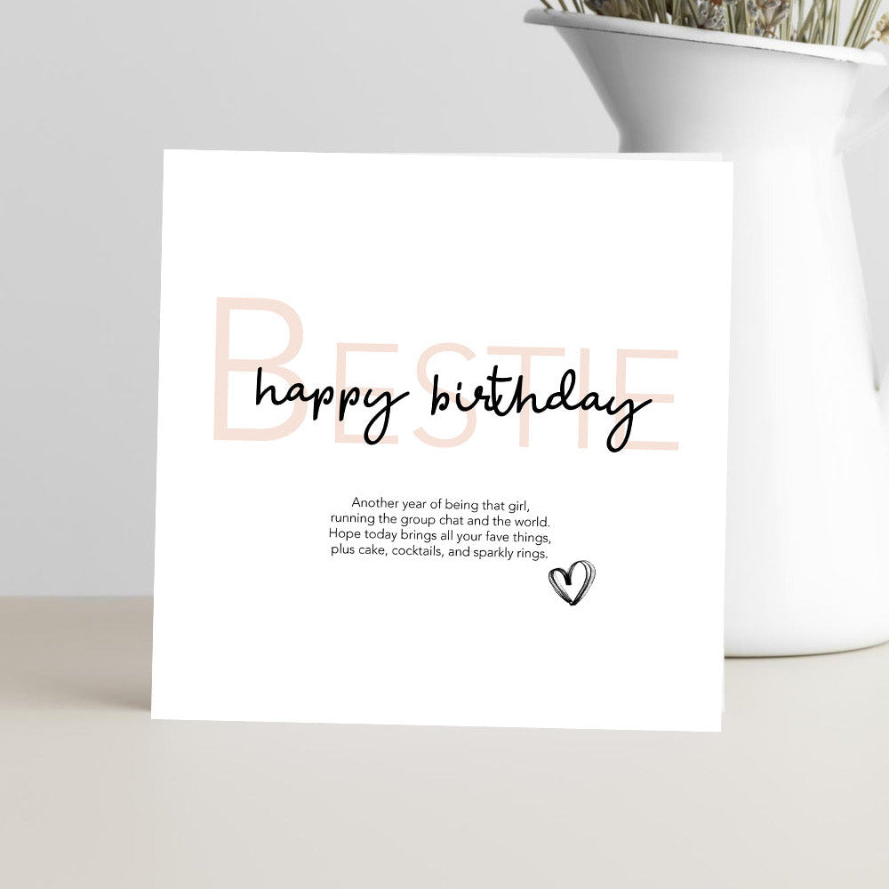 Best friend birthday card featuring the verse "Another year of being that girl, running the group chat and the world" with a fun, playful birthday message.