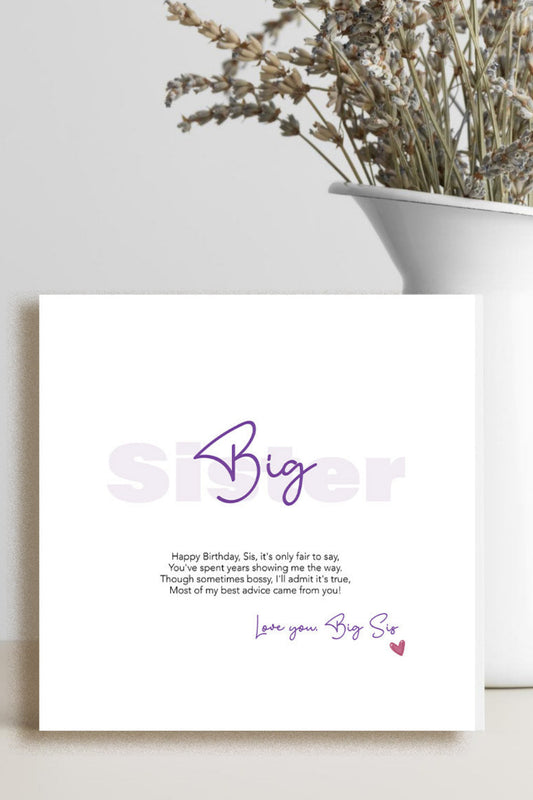 A square white birthday card with purple and black text reading 'Big' and 'Happy Birthday, Sister