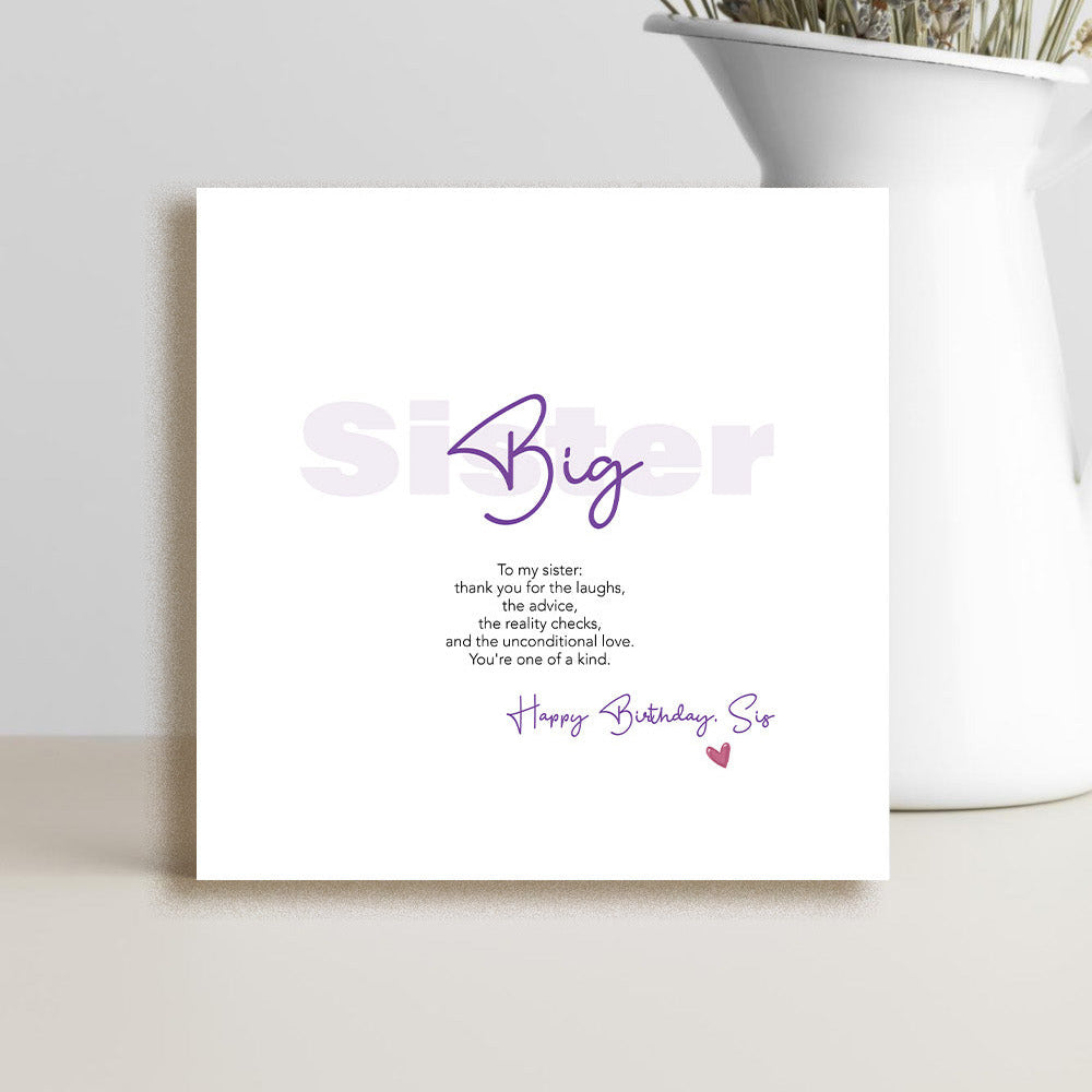 Alt text: Greeting card with thank you message for big sister featuring warm typography and celebratory design