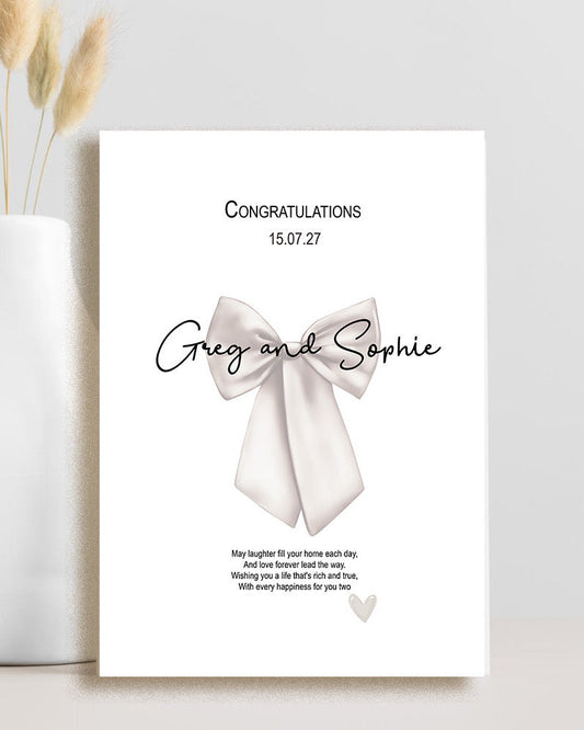 Wedding congratulations card featuring a loving message wishing the happy couple a home filled with laughter, love and happiness.