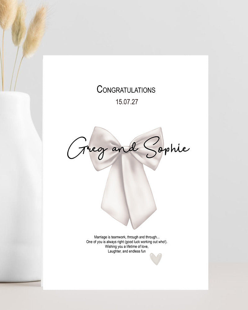 Funny wedding congratulations card featuring a humorous message about marriage being teamwork and one partner always being right.