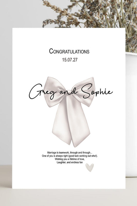 Funny wedding congratulations card featuring a humorous message about marriage being teamwork and one partner always being right.
