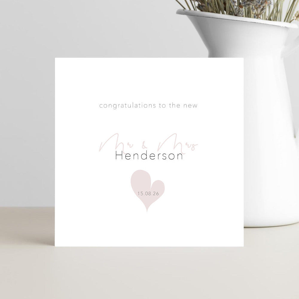 Personalised wedding greeting card featuring "Congratulations to the New Mr & Mrs" with the couple's surname and wedding date printed inside a heart.