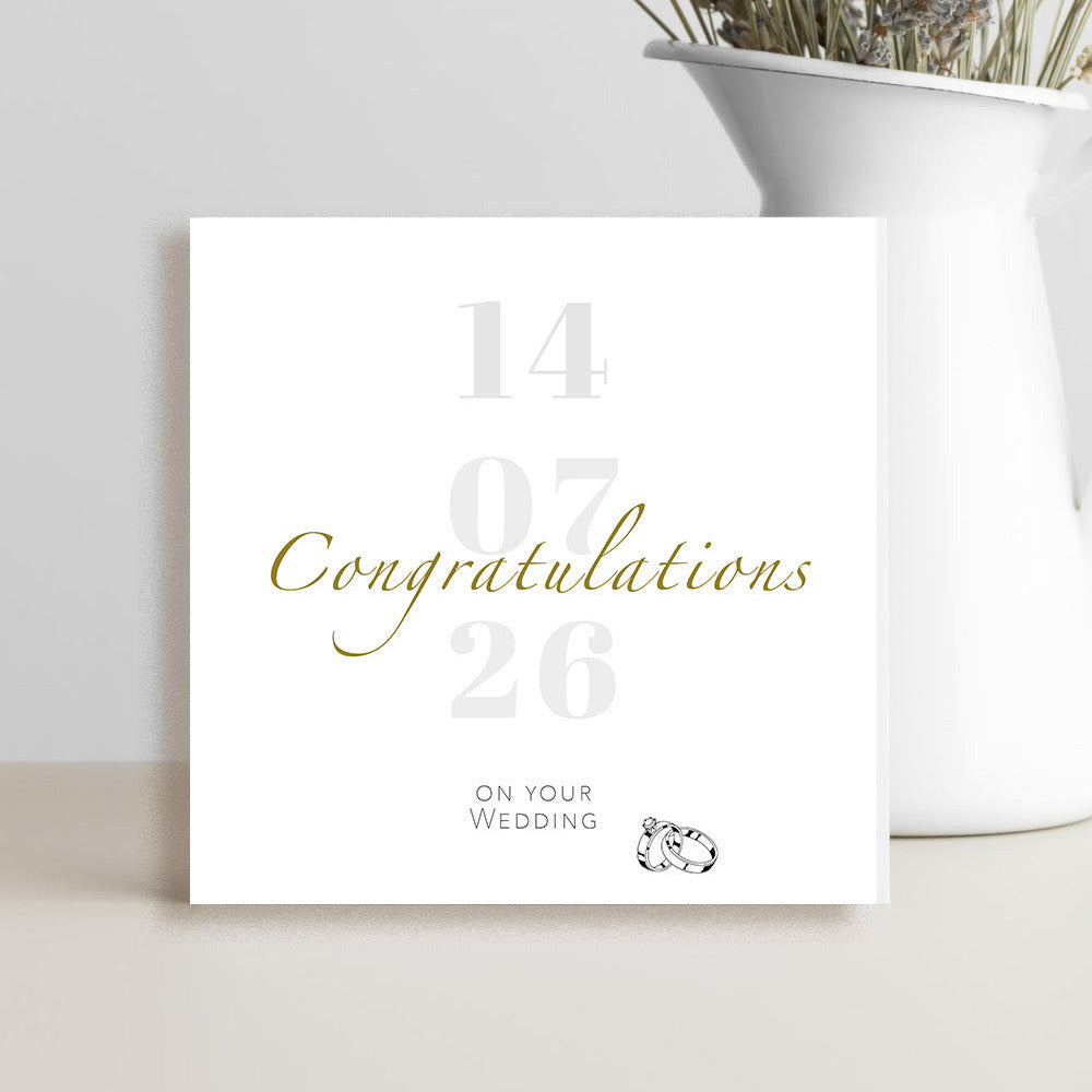 personalised wedding congratulations card with wedding date engagement ring and wedding band design