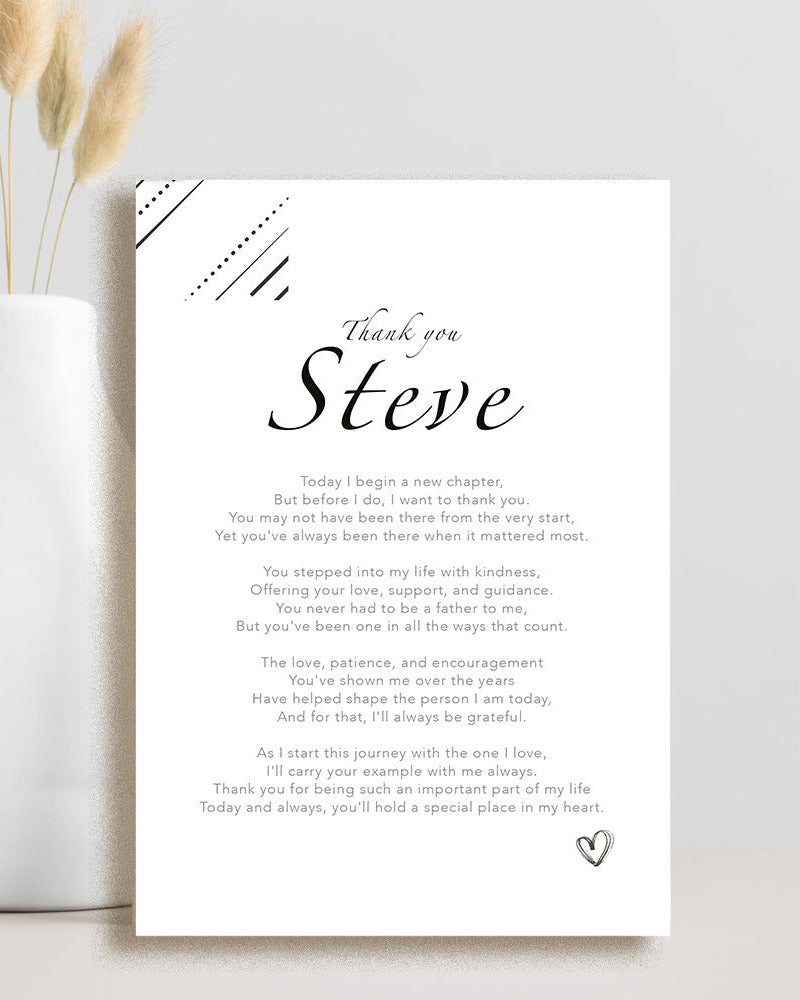 Wedding thank you card from a bride to her stepdad featuring a heartfelt poem thanking him for being like a father on her wedding day.