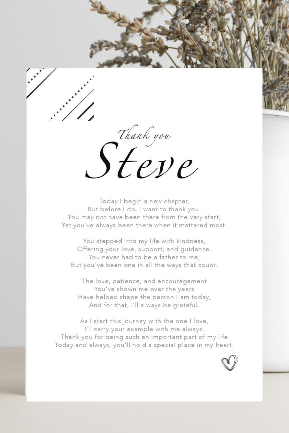A printed thank-you card with elegant black typography on a white background