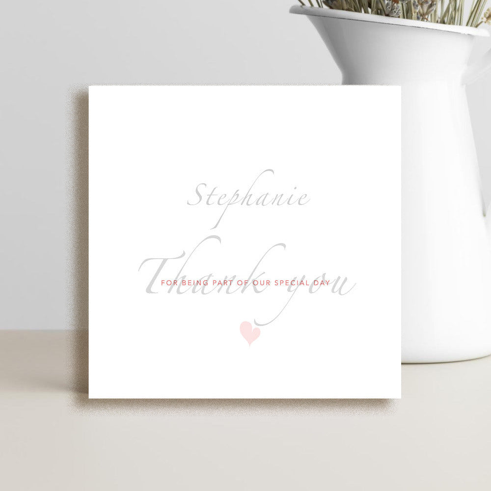 Personalised wedding thank you card with the message "Thank You for Being Part of Our Special Day", customised with the couple's names for friends, family, and wedding guests.