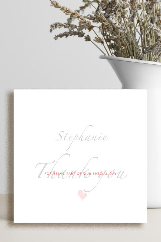 Personalised wedding thank you card with the message "Thank You for Being Part of Our Special Day", 