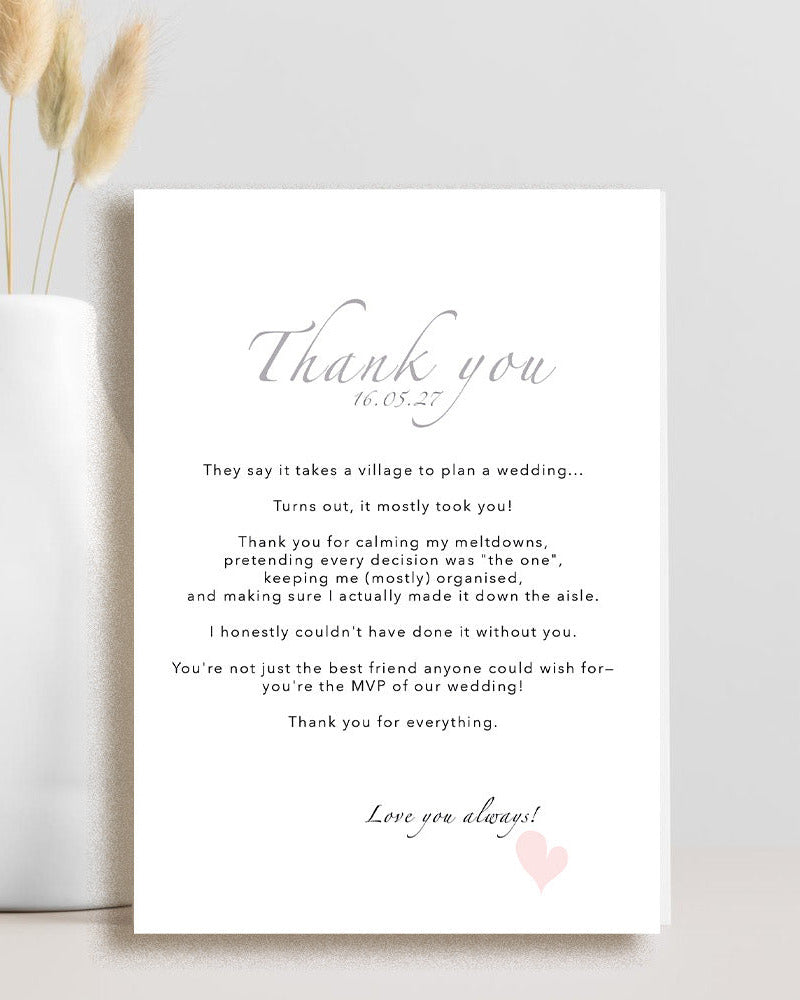  Thank you wedding card with "it takes a village to plan a wedding" message 