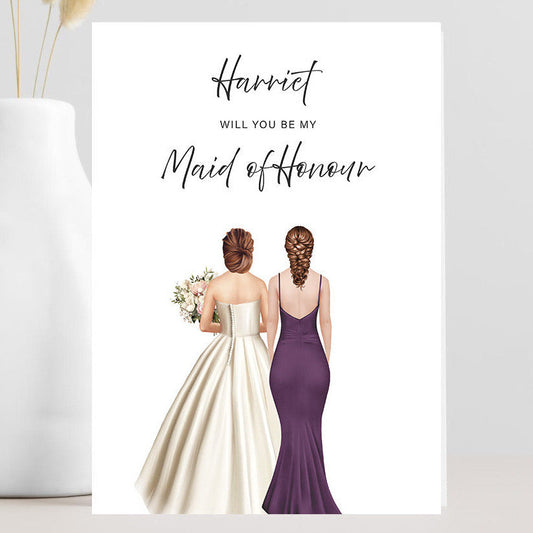 Personalised “Will You Be My Maid of Honour” proposal card with custom bride and maid of honour outfits.