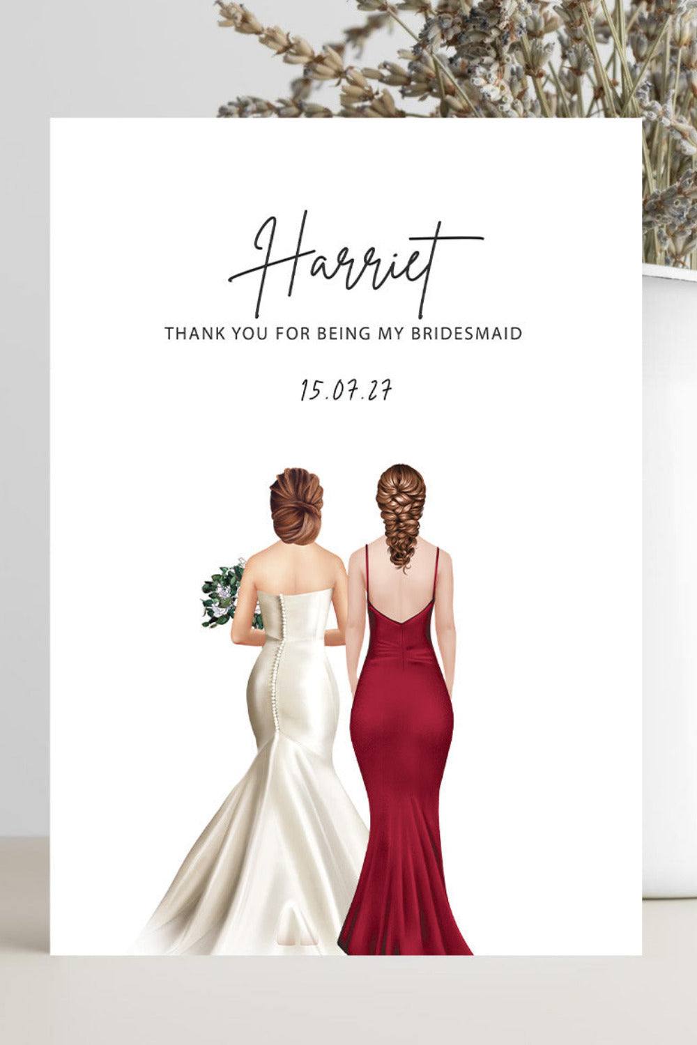 A vertical wedding thank-you card with a white background, featuring the name 'Harriet' in script, the text 'THANK YOU FOR BEING MY BRIDESmaid', the date '15.09.