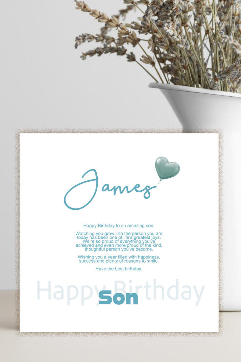 Personalised square card with blue writing.  Happy birthday son.