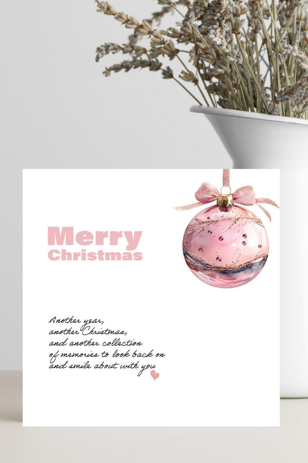 Romantic pink bauble Christmas card for couples