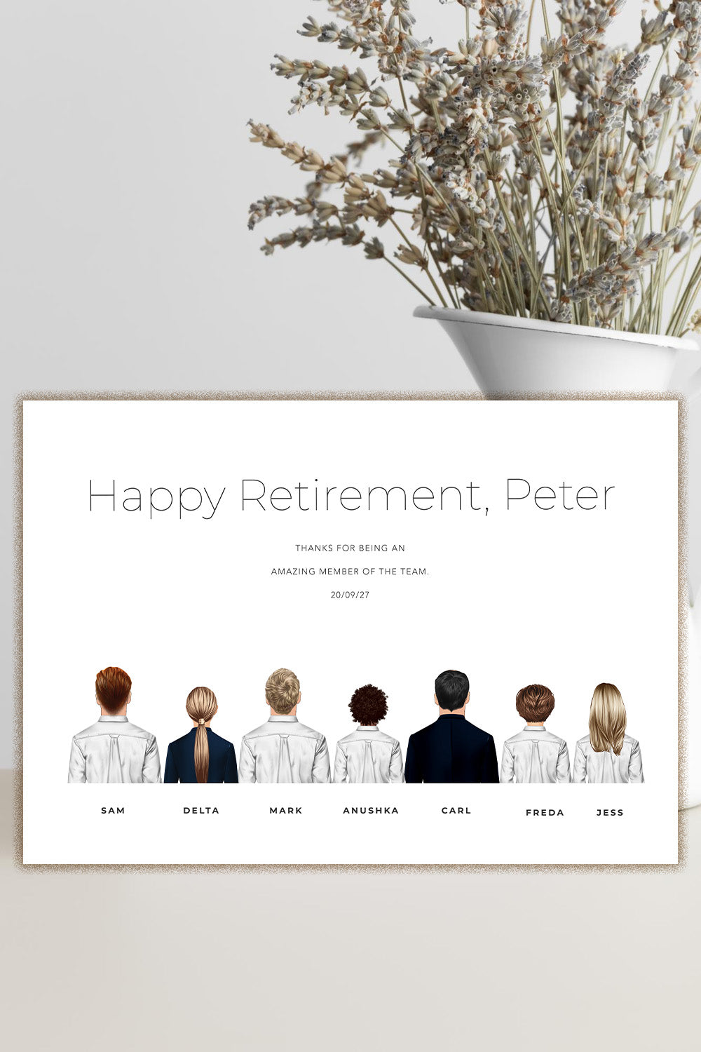 A retirement thank-you card styled on a light beige surface next to a white vase with dried flowers. The card features the text 'Happy Retirement, Peter' and an illustration of eight people shown from behind, labeled with names at the bottom.