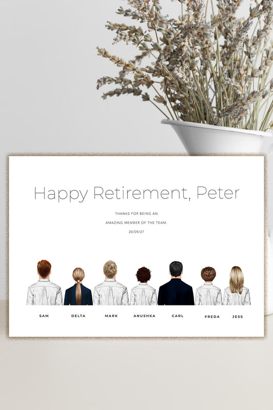 A retirement thank-you card styled on a light beige surface next to a white vase with dried flowers. The card features the text 'Happy Retirement, Peter' and an illustration of eight people shown from behind, labeled with names at the bottom.
