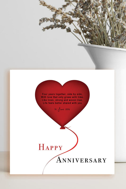 Red heart card with short wedding anniversary card for 4 years married