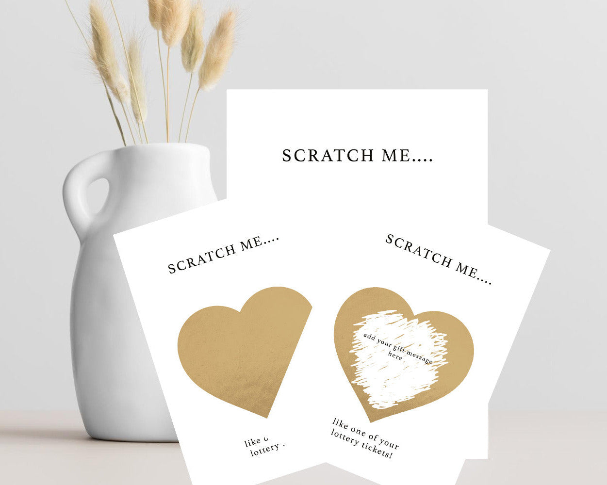 Funny personalised scratch card with "Scratch Me Like One of Your Lottery Tickets" text, gold scratch-off heart, hidden message, A6 card and kraft envelope.