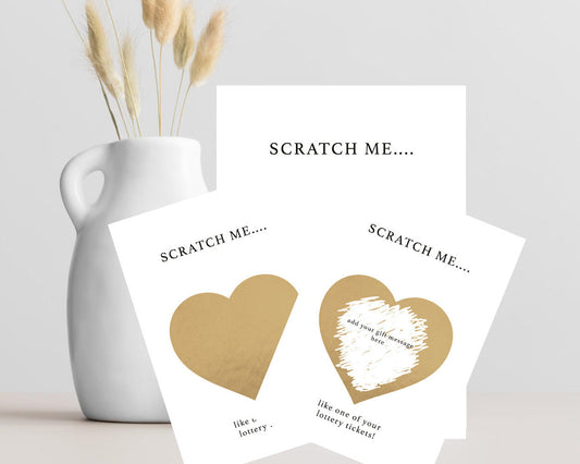 Funny personalised scratch card with "Scratch Me Like One of Your Lottery Tickets" text, gold scratch-off heart, hidden message, A6 card and kraft envelope.