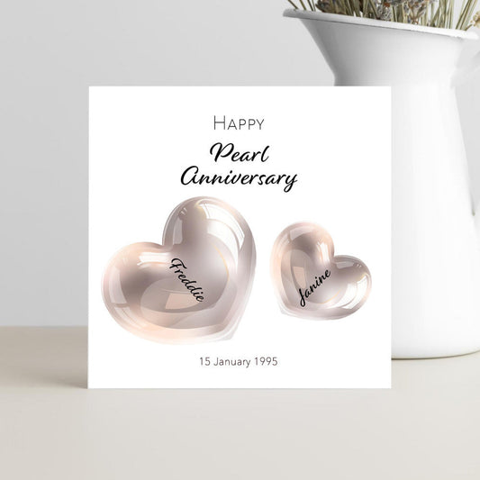 Happy pearl anniversary card with names and date of marriage.