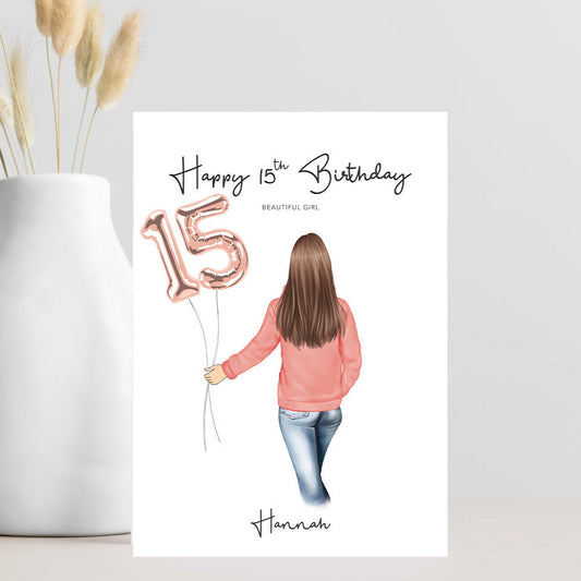 Greeting card with illustration of a girl holding balloons shaped like the number 15, with text 'Happy 15th Birthday' and 'Hannah'. 
