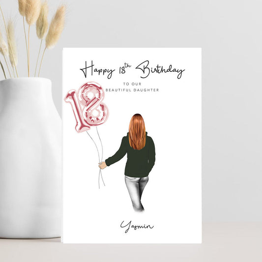 Personalised 18th birthday card with illustration of a girl holding pink number balloons, reading “Happy 18th Birthday to our beautiful daughter Yasmin"