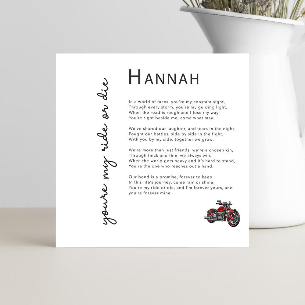 Friendship Ride or Die Card with personalised name, verse and motorbike design.