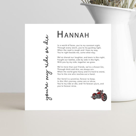 Friendship Ride or Die Card with personalised name, verse and motorbike design.