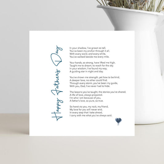 Happy Father's Day card with small blue balloon and poem for dad.