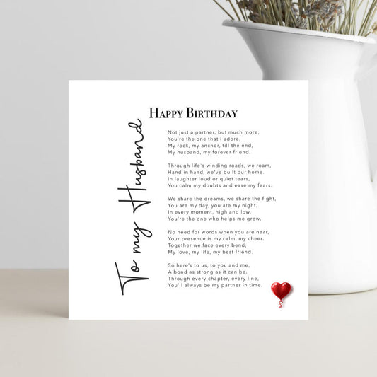 To my Husband birthday greeting card with verses of love.