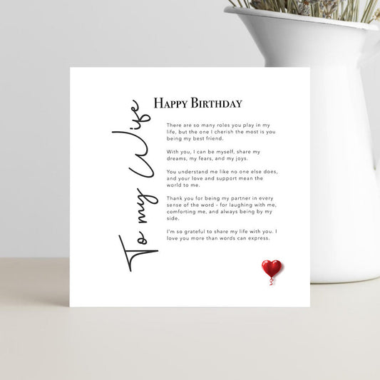 Birthday card for wife featuring a romantic love poem, elegant design, and thoughtful message to express love and appreciation.
