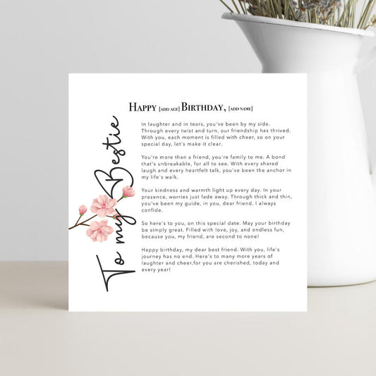 Happy Birthday Bestie card with sweet friendship message, designed to celebrate and make your best friend’s birthday extra special.
