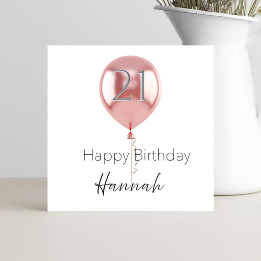 Personalised 21st birthday card with pink balloon design, customisable with name and message for a fun, colourful celebration.